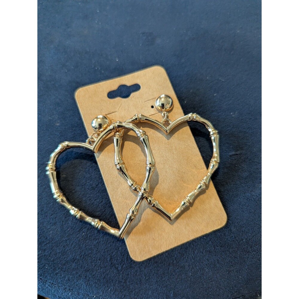 BAMBOO EARRINGS THIN SHINY GOLD TONE HEART HOOP POST EARRINGS DANGLE (006)